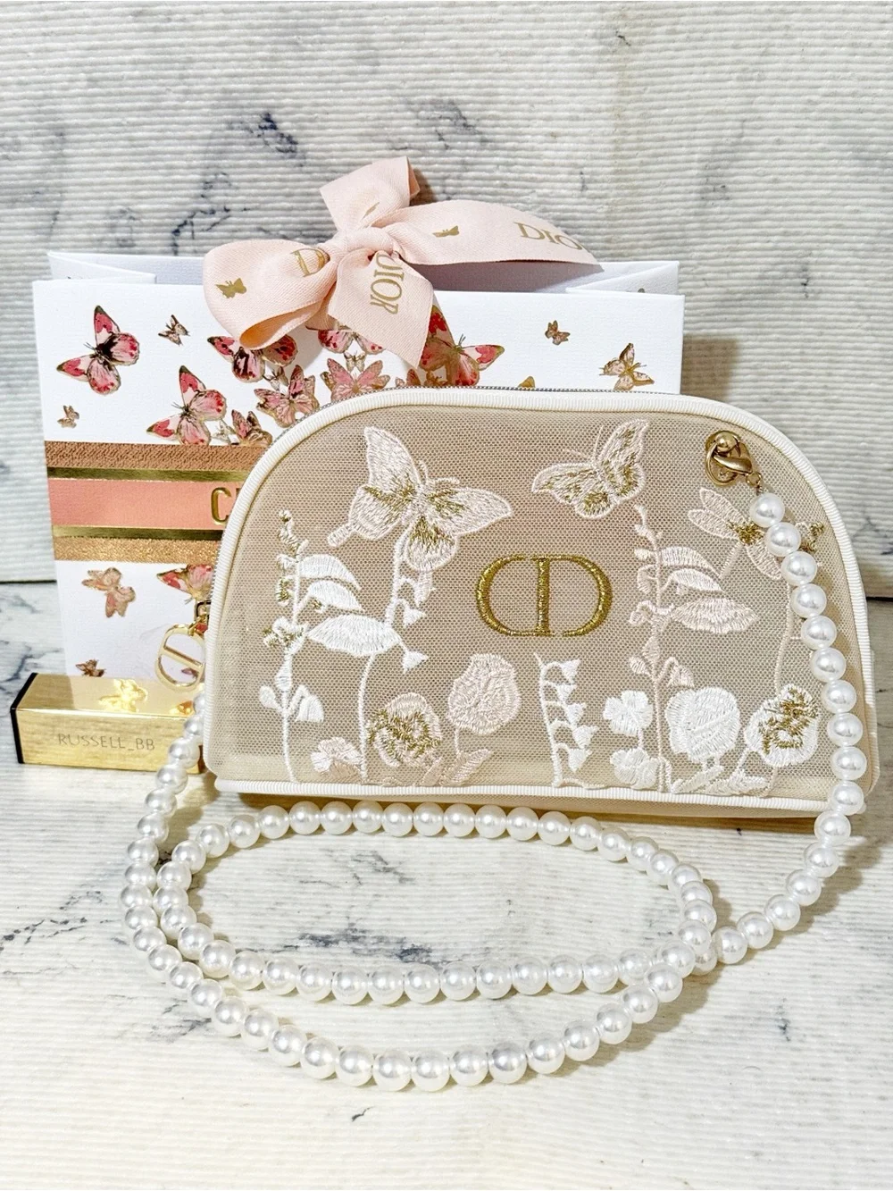 Dior Beauty Butterfly Floral Embroidered Mesh Pouch with Pearl Strap & Gift Bag